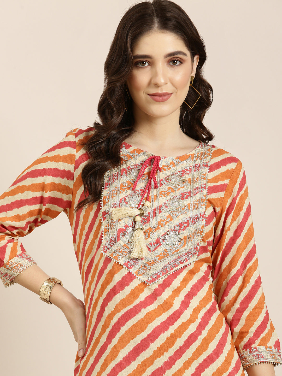 Women's Orange Striped Thread Work Straight Kurta