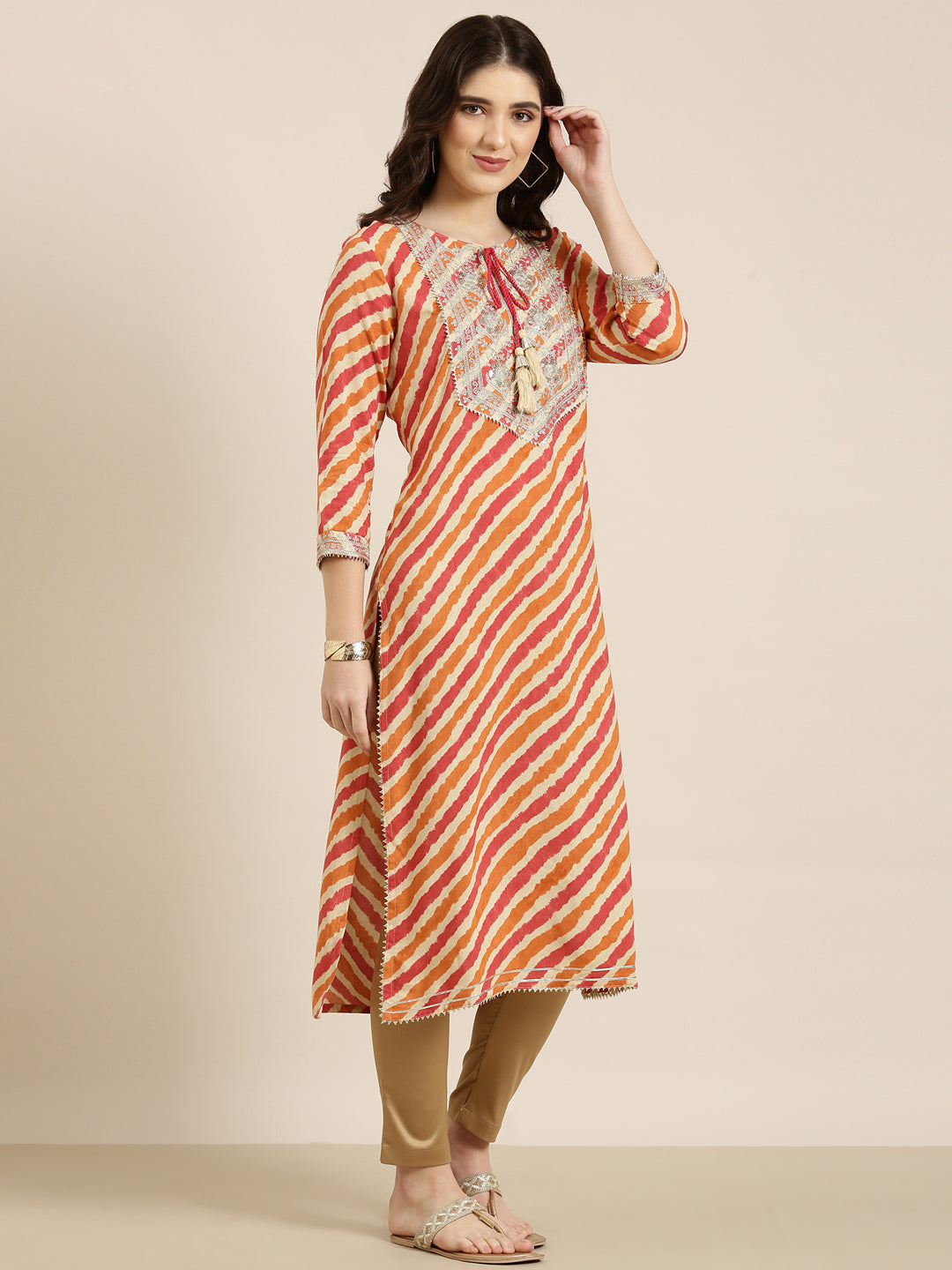 Women's Orange Striped Thread Work Straight Kurta