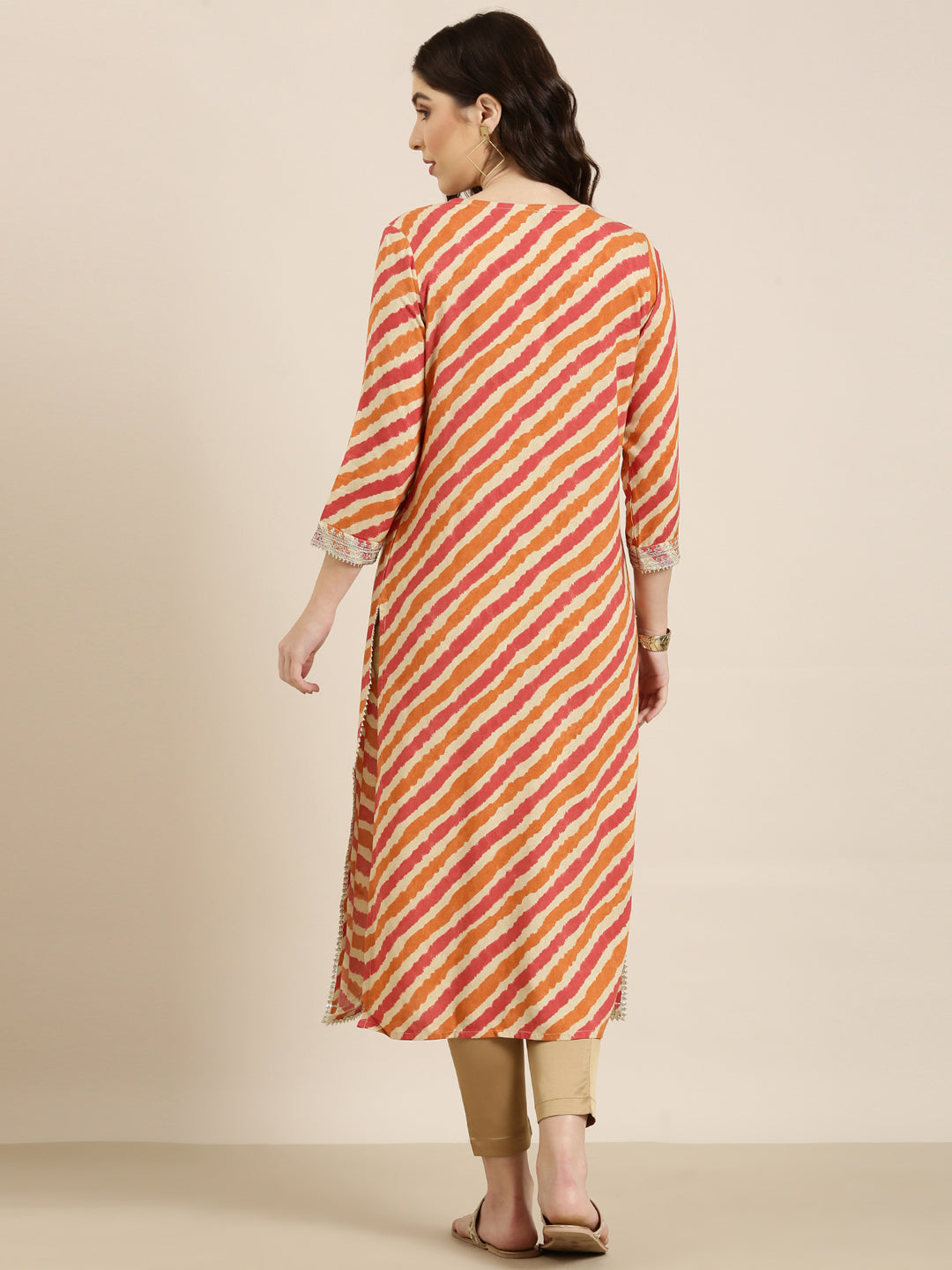 Women's Orange Striped Thread Work Straight Kurta
