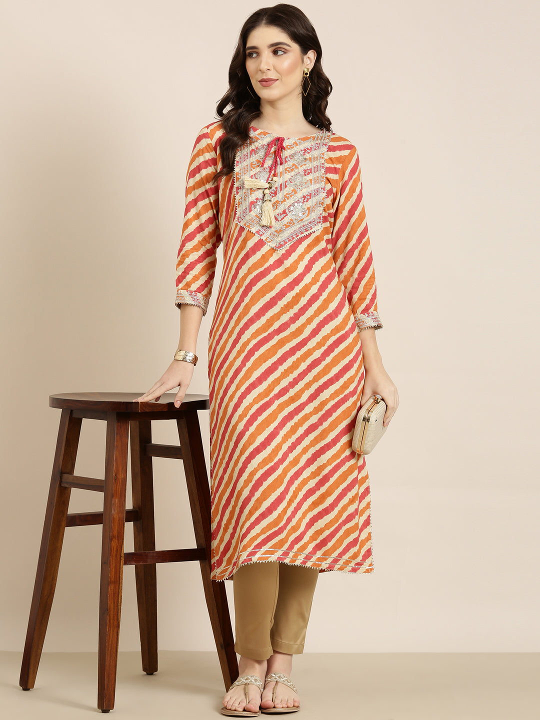 Women's Orange Striped Thread Work Straight Kurta