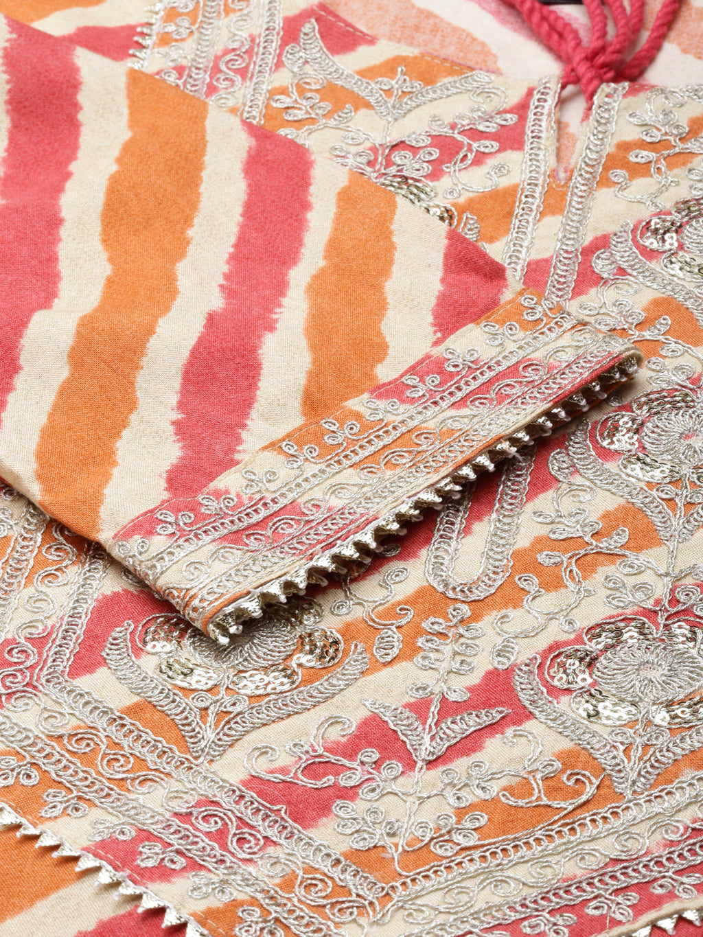 Women's Orange Striped Thread Work Straight Kurta