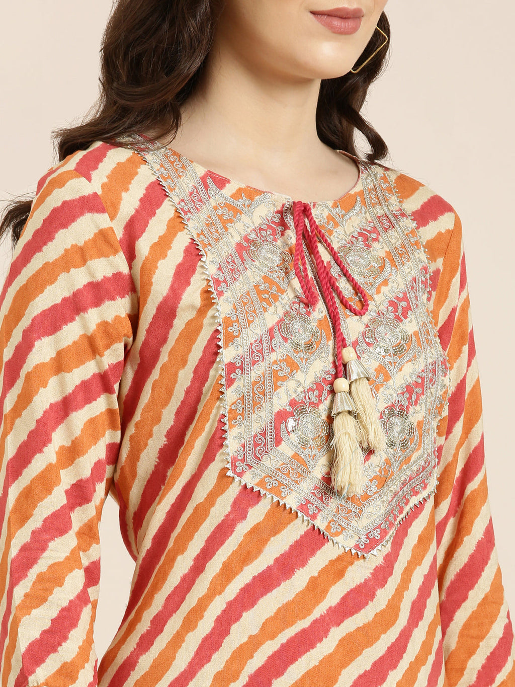 Women's Orange Striped Thread Work Straight Kurta