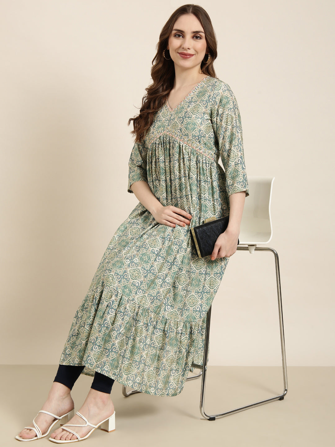 Women's Anarkali Sea Green Ethnic Motifs Kurta