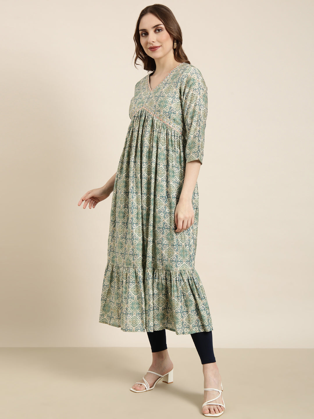 Women's Anarkali Sea Green Ethnic Motifs Kurta