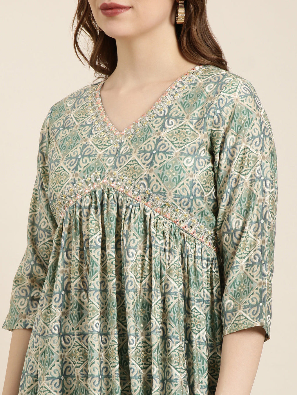 Women's Anarkali Sea Green Ethnic Motifs Kurta