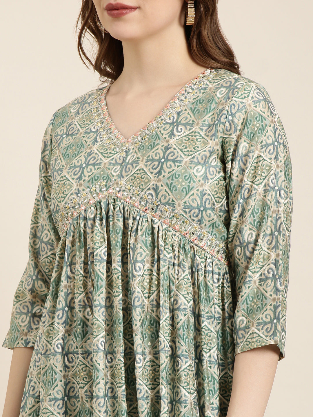 Women's Anarkali Sea Green Ethnic Motifs Kurta