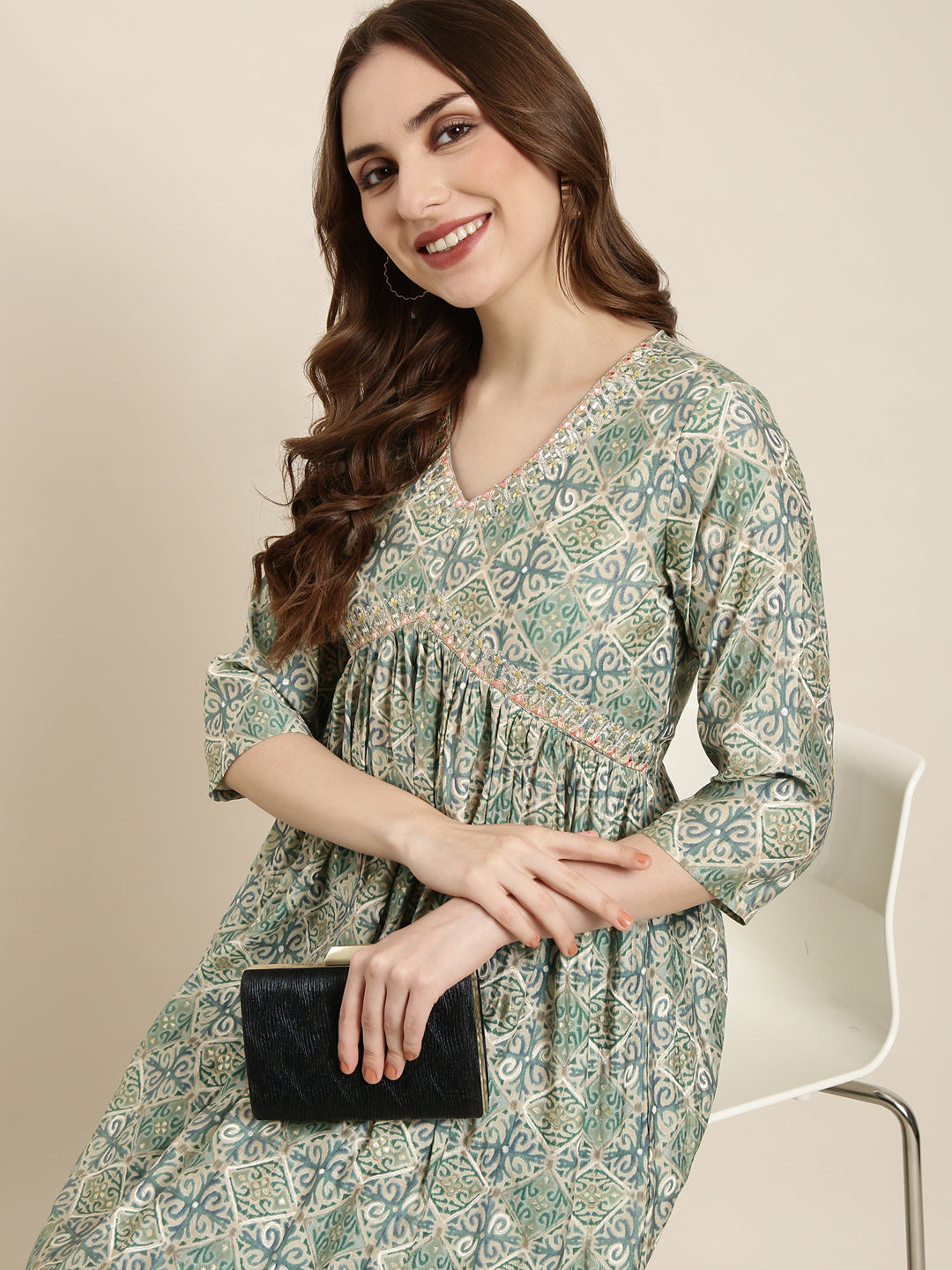 Women's Anarkali Sea Green Ethnic Motifs Kurta