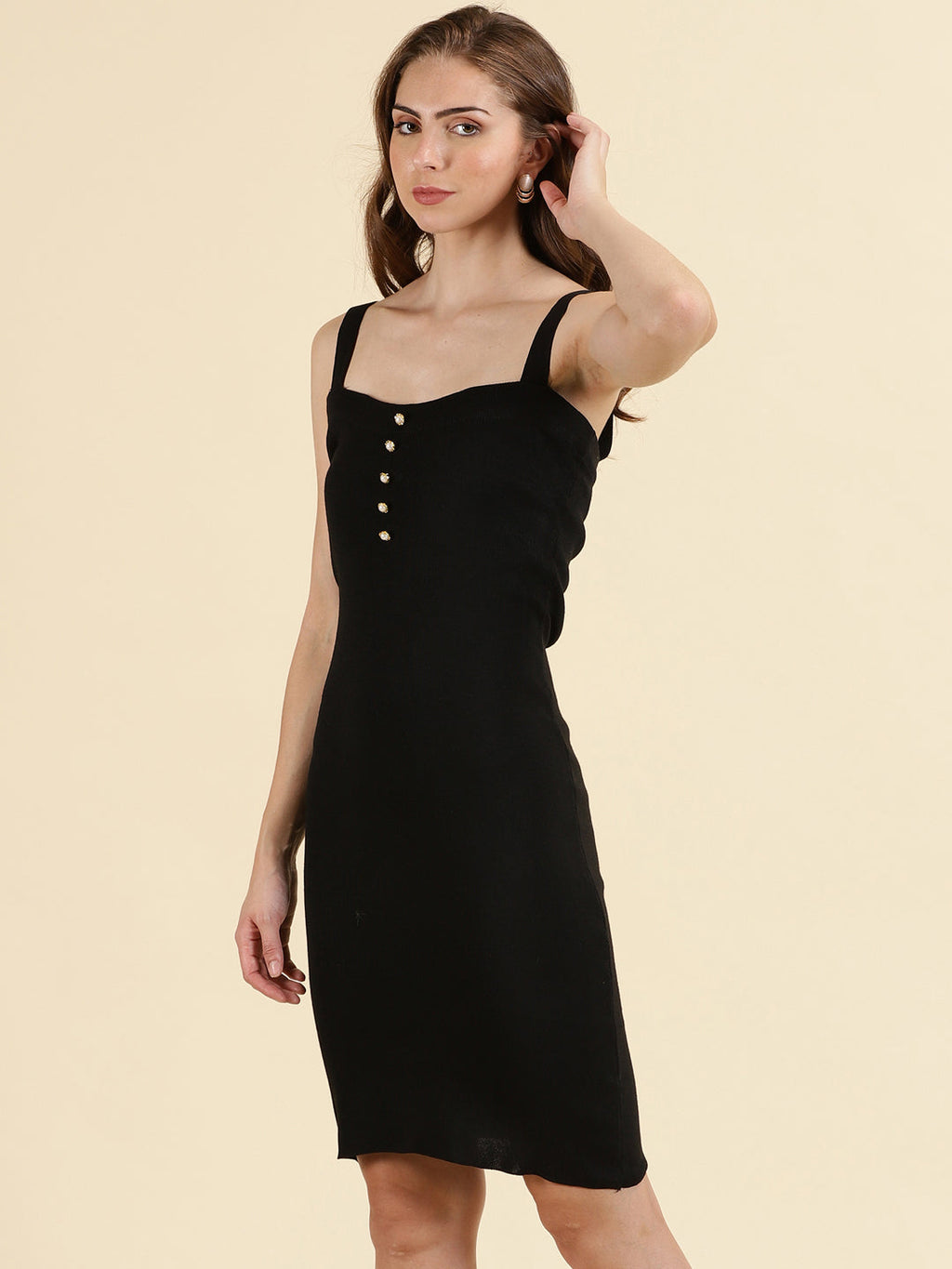 Women's Black Shoulder Straps Bodycon Dress