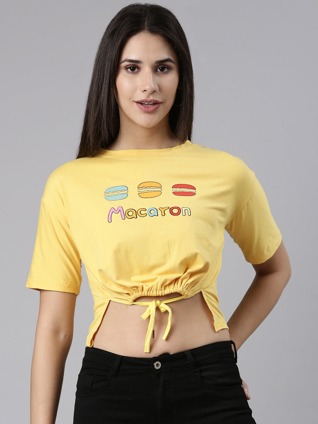 Women's Yellow Typography Printed Cotton Crop Top With waist Tie-Ups