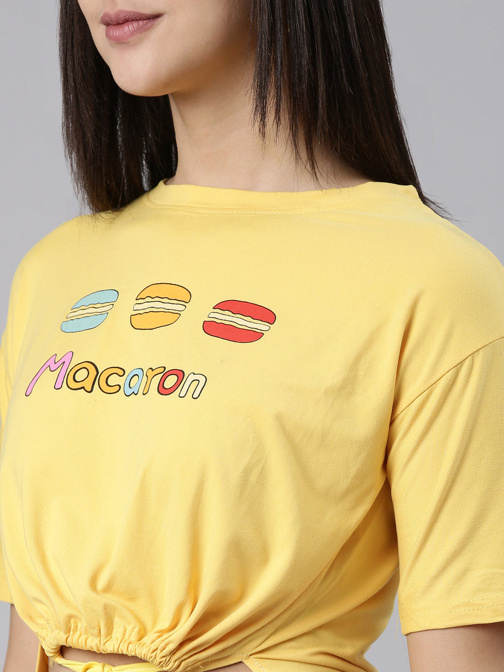 Women's Yellow Typography Printed Cotton Crop Top With waist Tie-Ups