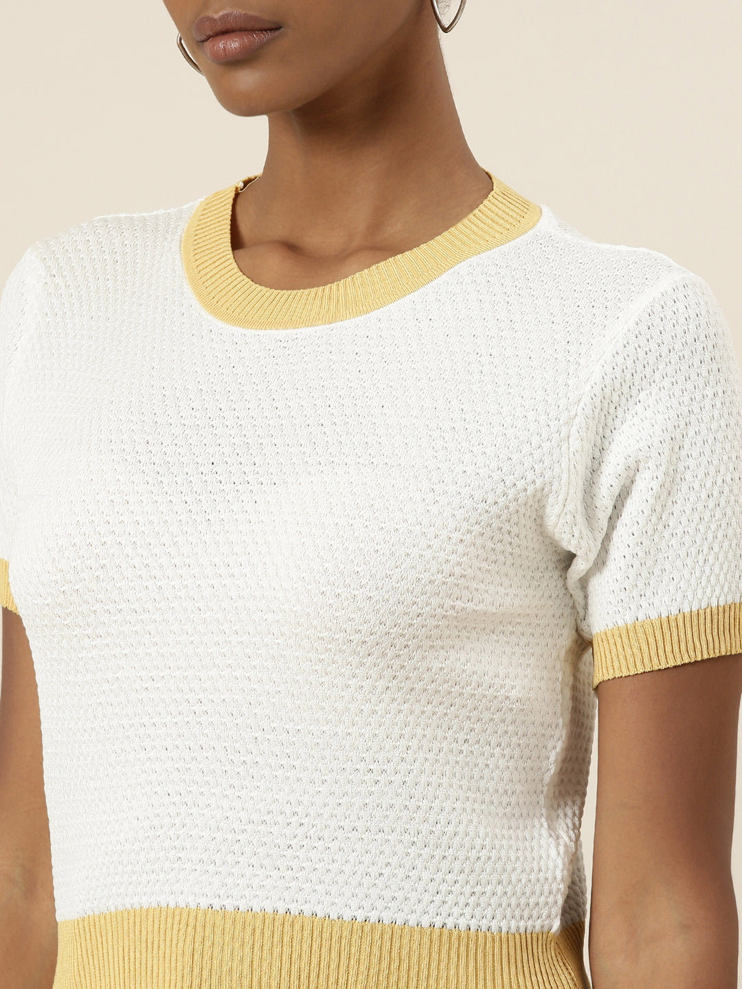 Women's White Round Neck Self Design Top