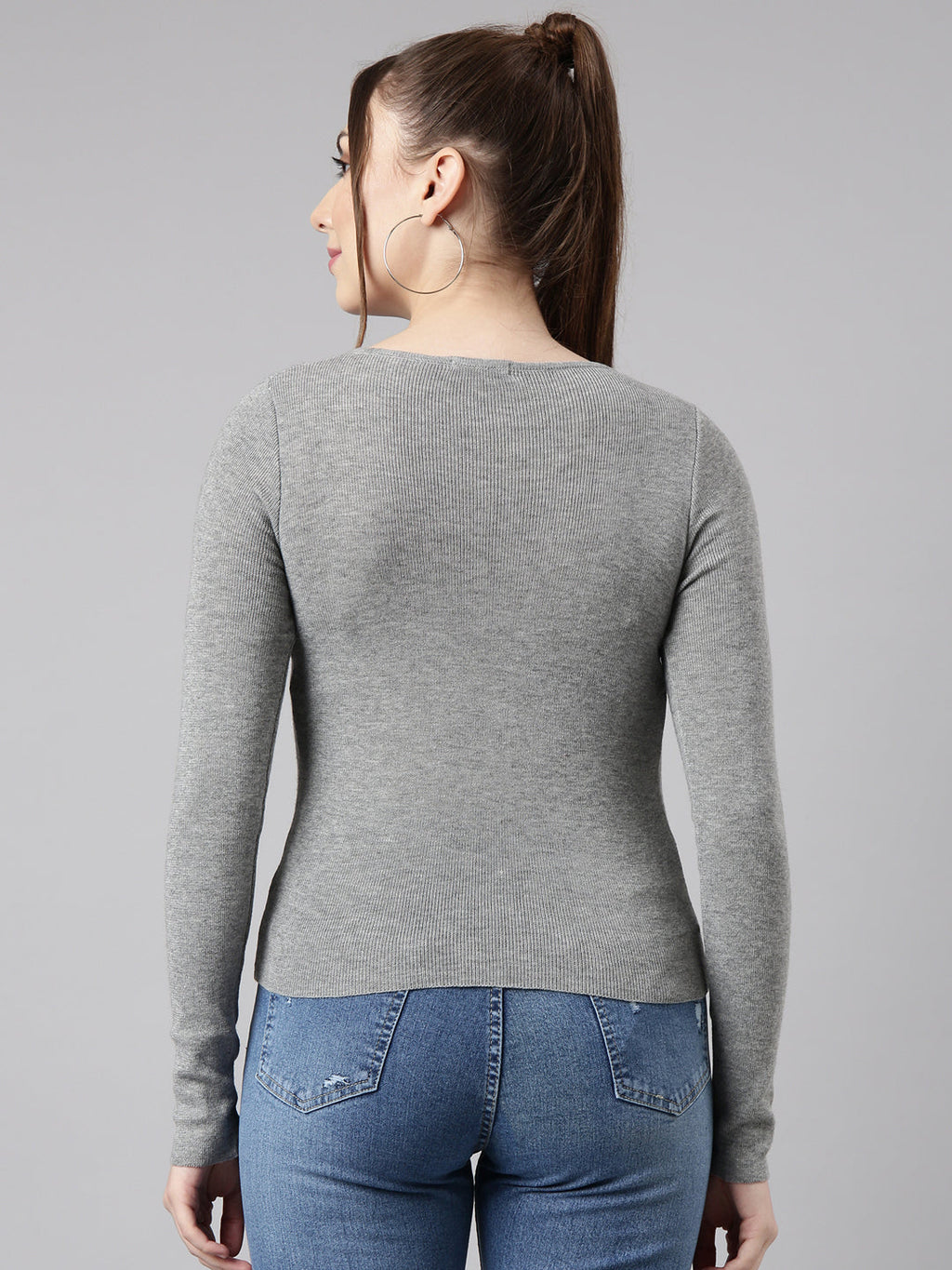 Women's Solid Grey Knitted Fitted Top