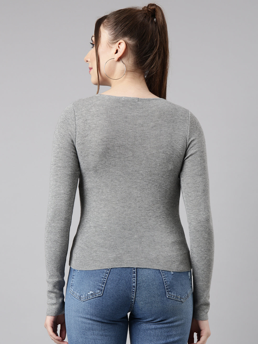 Women's Solid Grey Knitted Fitted Top