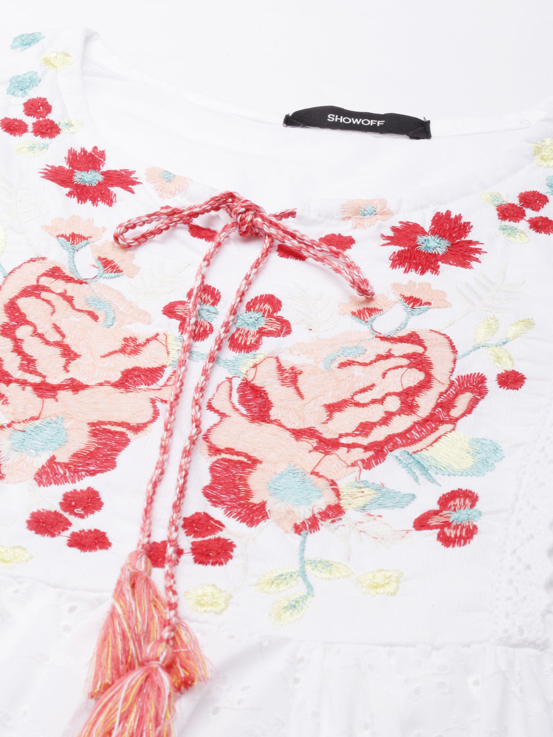 Women's White Floral Tie-Up Neck A-Line Maxi Dress