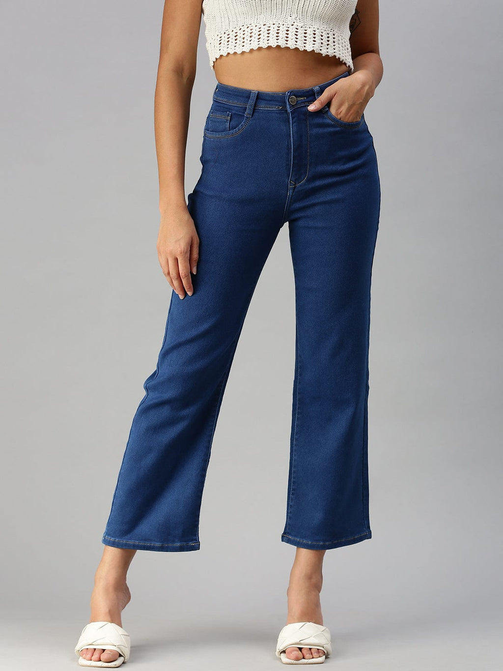 Women's Blue Wide Leg High-Rise Stretchable Jeans