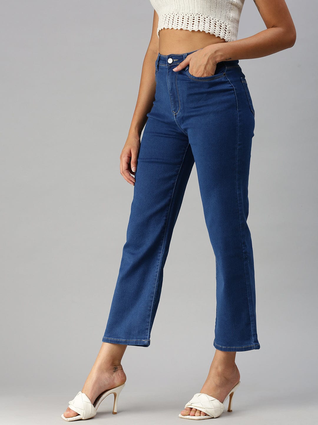 Women's Blue Wide Leg High-Rise Stretchable Jeans