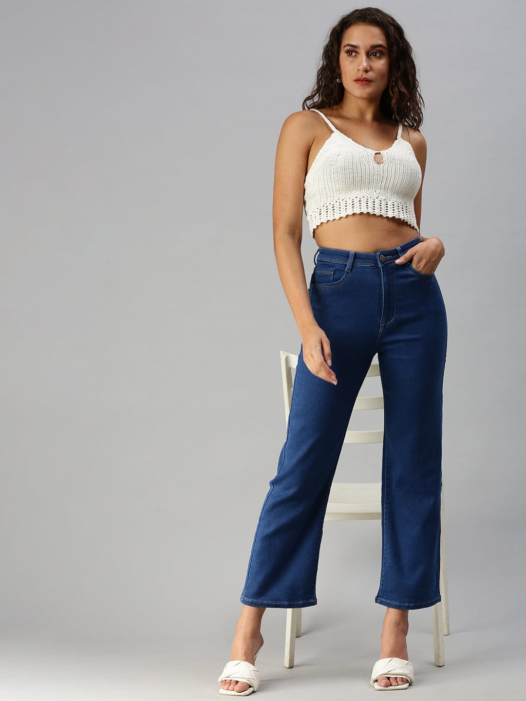 Women's Blue Wide Leg High-Rise Stretchable Jeans