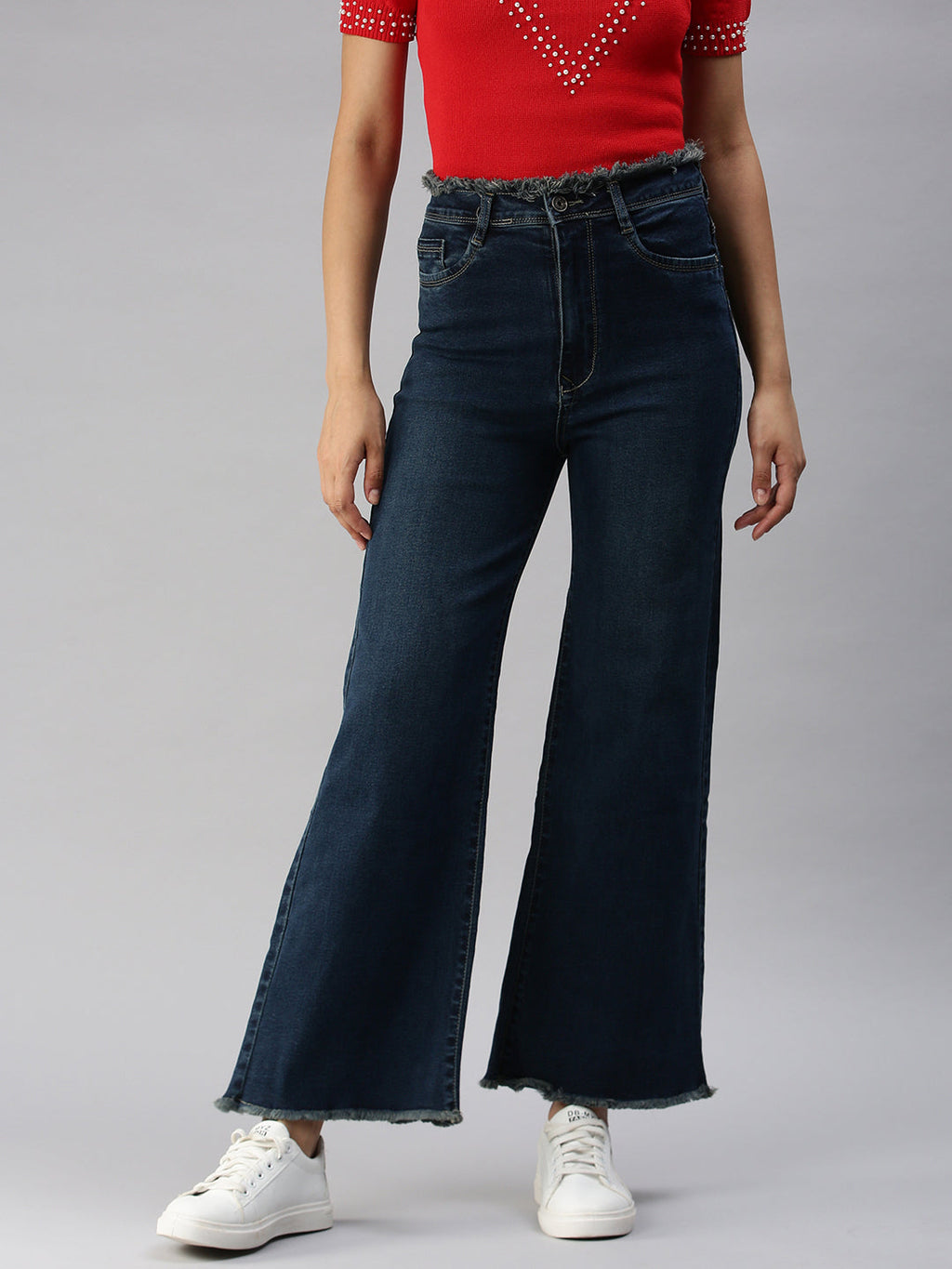 Women's Navy Blue Wide Leg High-Rise Light Fade Stretchable Jeans