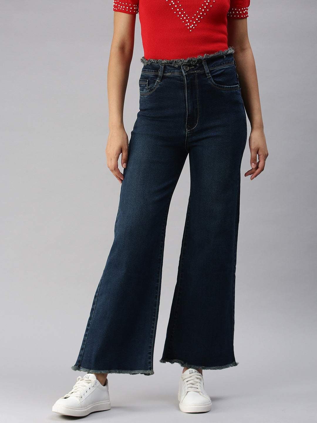 Women's Navy Blue Wide Leg High-Rise Light Fade Stretchable Jeans