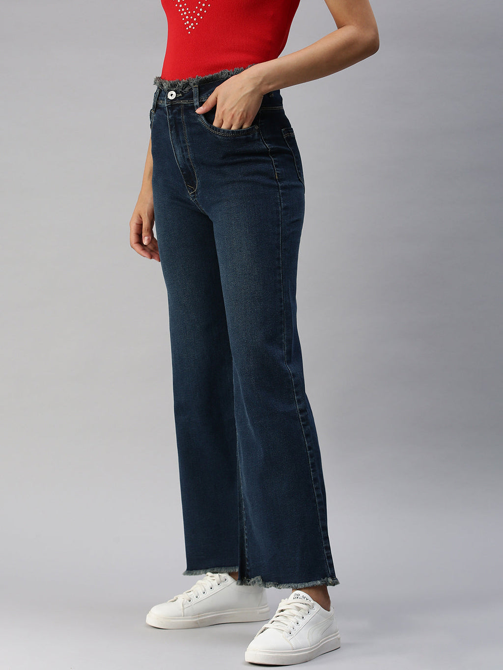 Women's Navy Blue Wide Leg High-Rise Light Fade Stretchable Jeans
