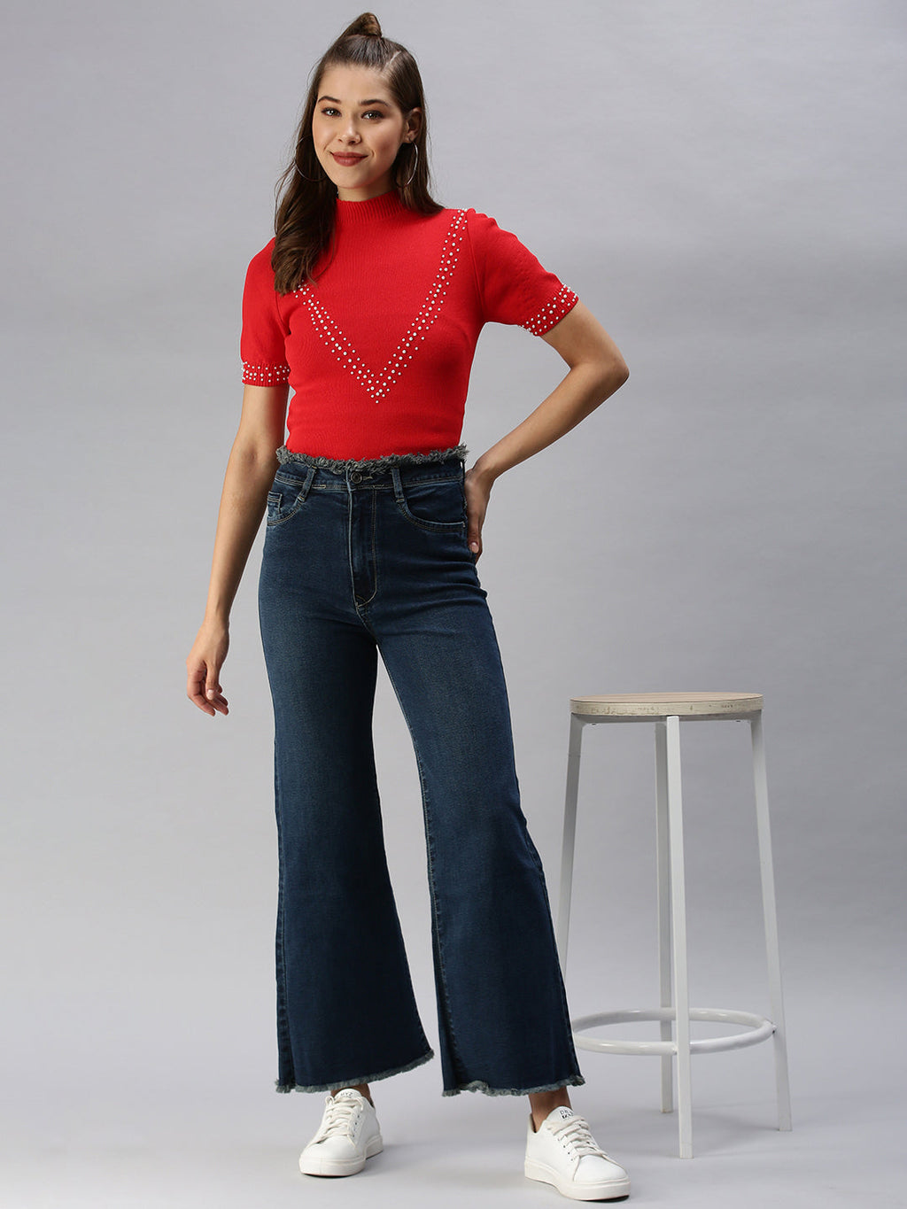 Women's Navy Blue Wide Leg High-Rise Light Fade Stretchable Jeans