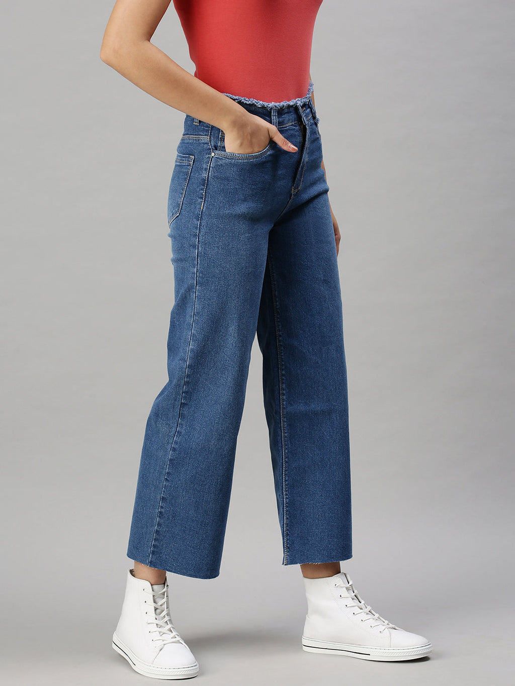Women's Blue Wide Leg High-Rise Clean Look Stretchable Jeans with Belt Loops