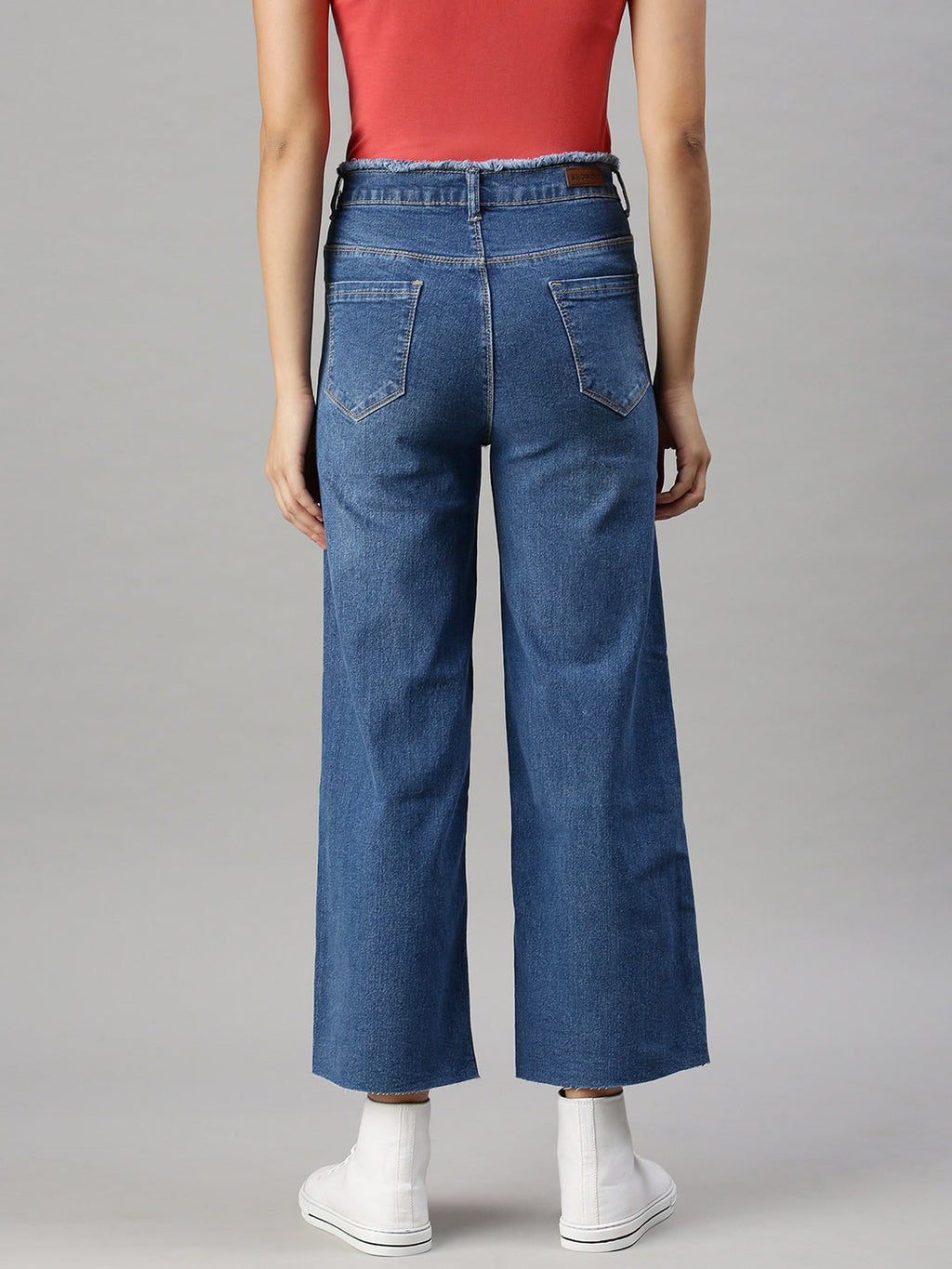 Women's Blue Wide Leg High-Rise Clean Look Stretchable Jeans with Belt Loops