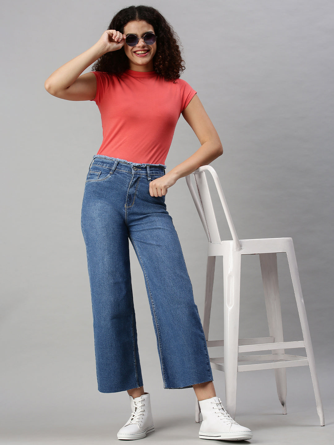 Women's Blue Wide Leg High-Rise Clean Look Stretchable Jeans with Belt Loops