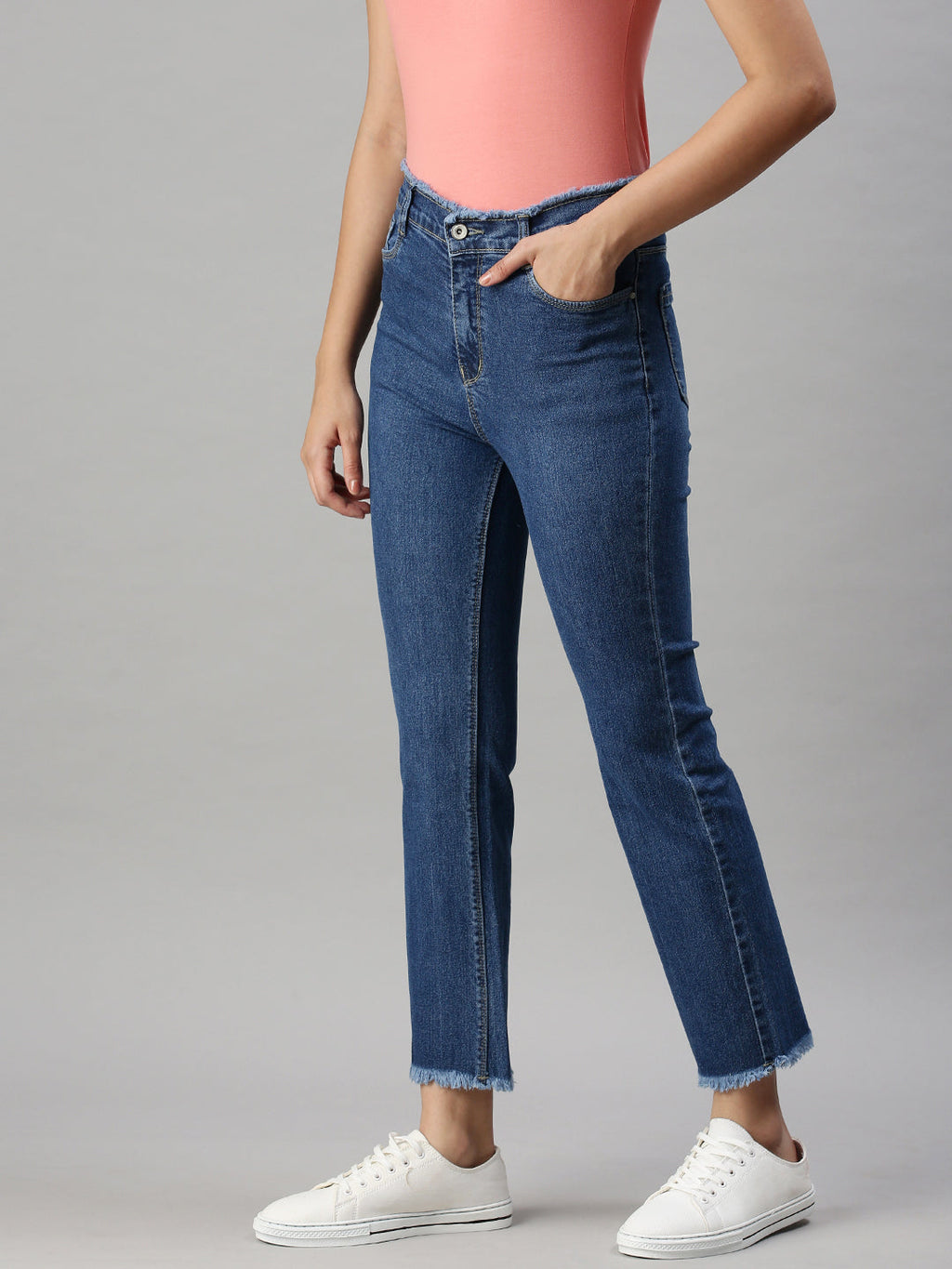 Women's Navy Blue Straight Fit High-Rise Clean Look Jeans
