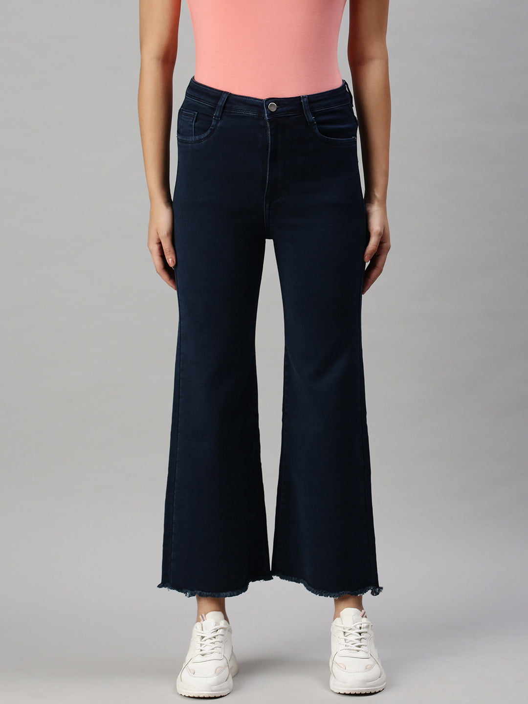 Women's Blue Wide Leg High-Rise Clean Look Stretchable Jeans
