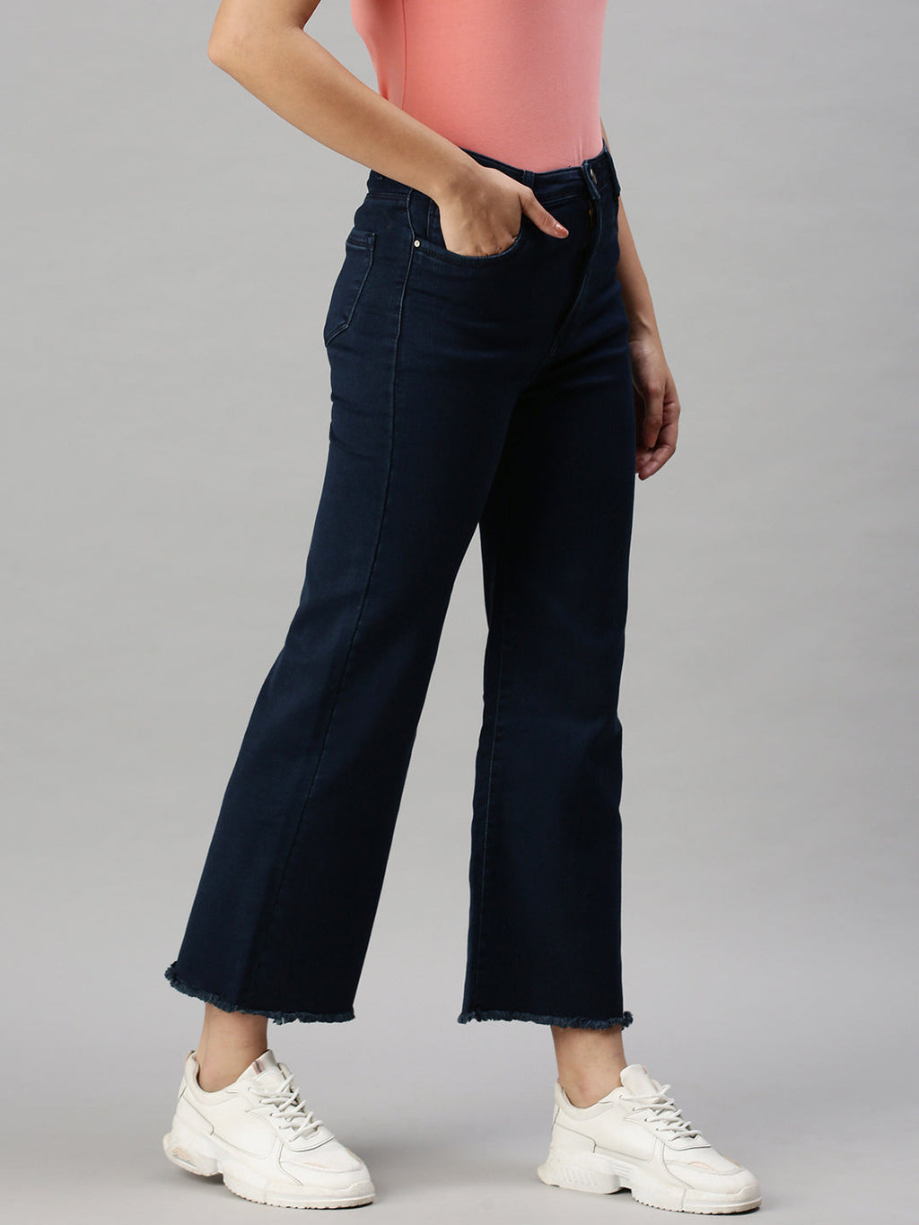 Women's Blue Wide Leg High-Rise Clean Look Stretchable Jeans