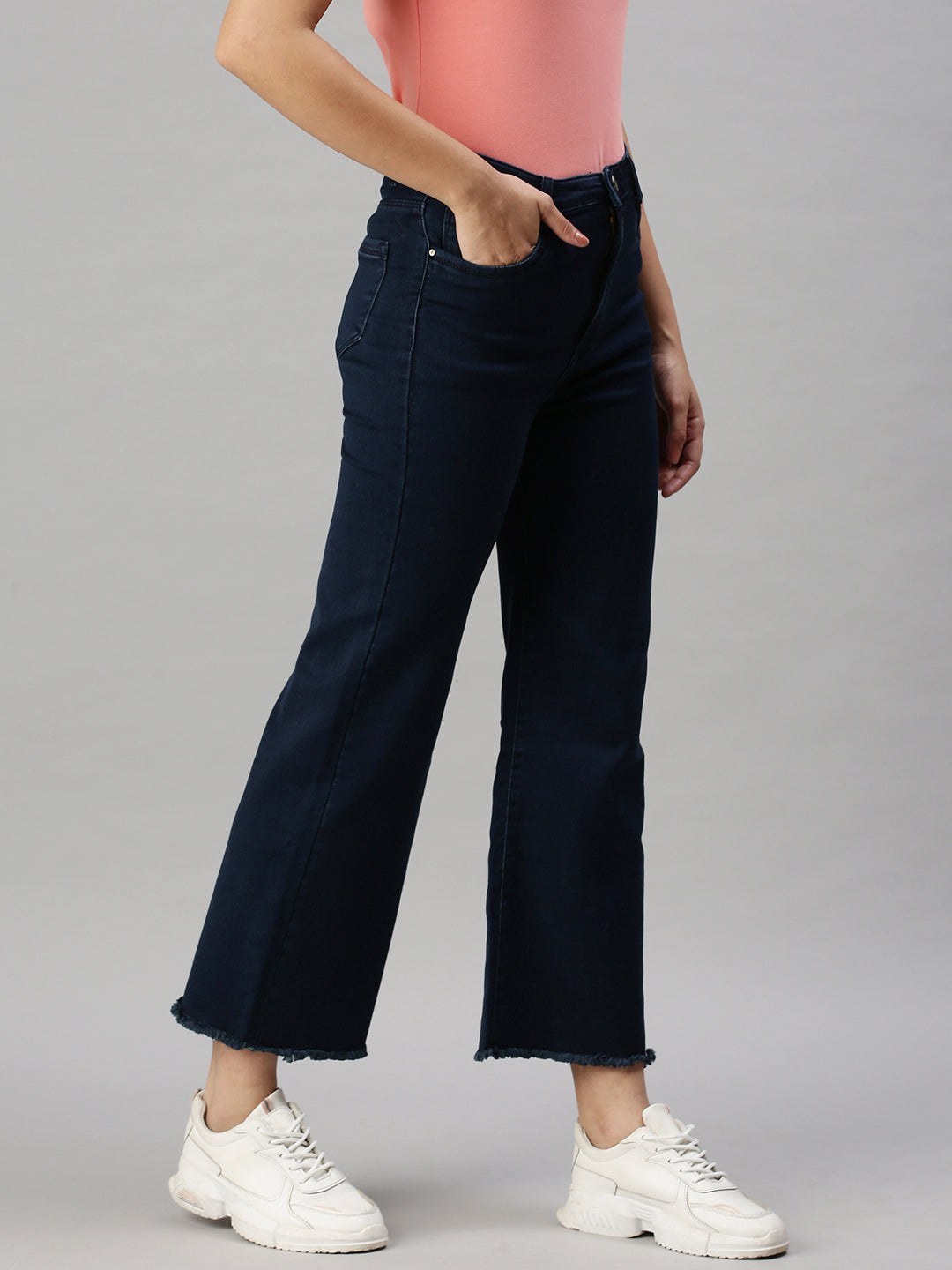 Women's Blue Wide Leg High-Rise Clean Look Stretchable Jeans