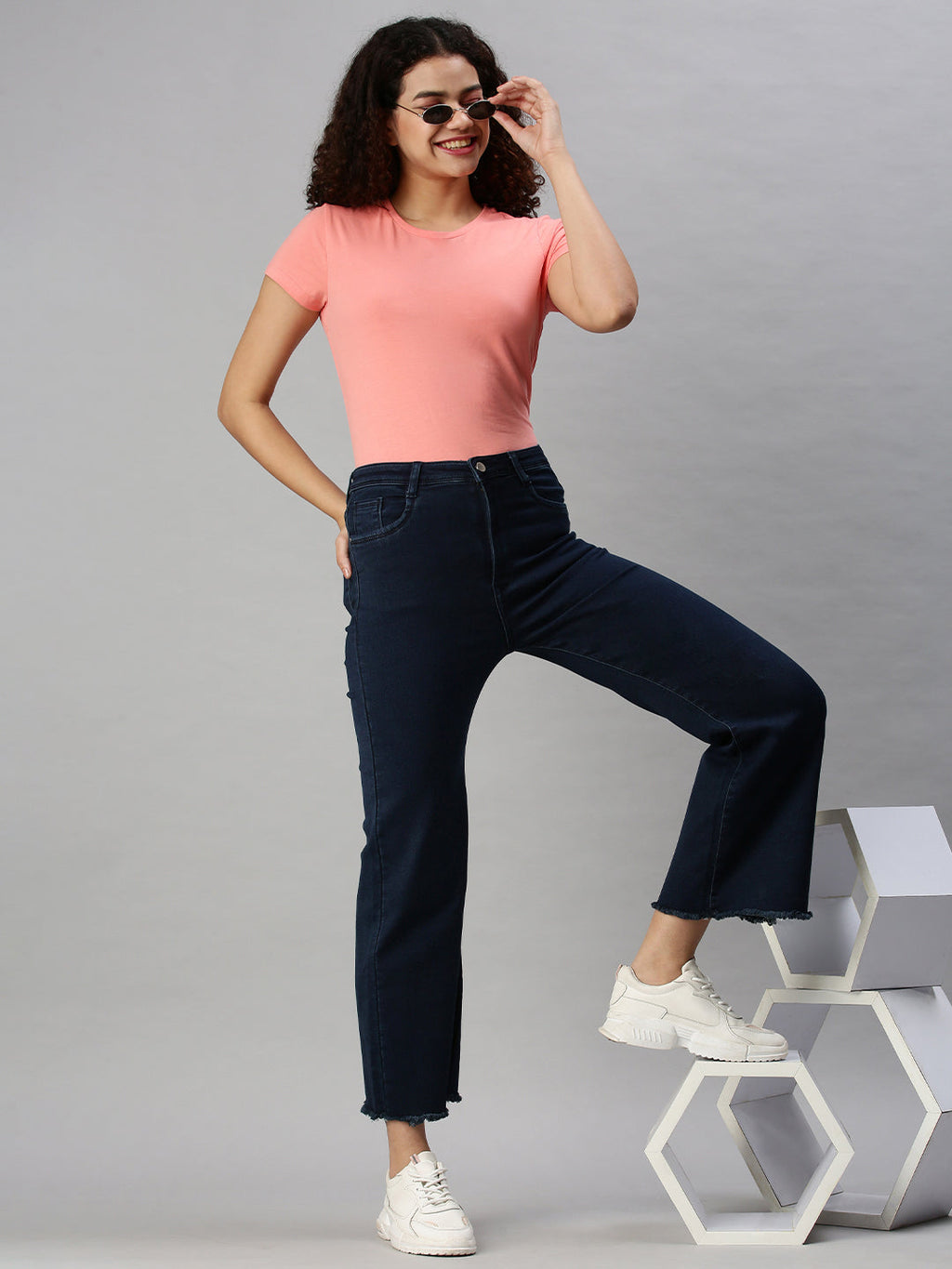 Women's Blue Wide Leg High-Rise Clean Look Stretchable Jeans