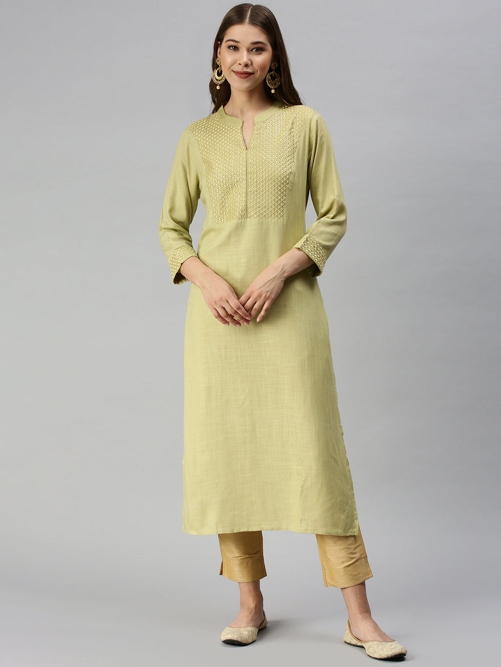 Women's Lime Green Solid Straight Kurta