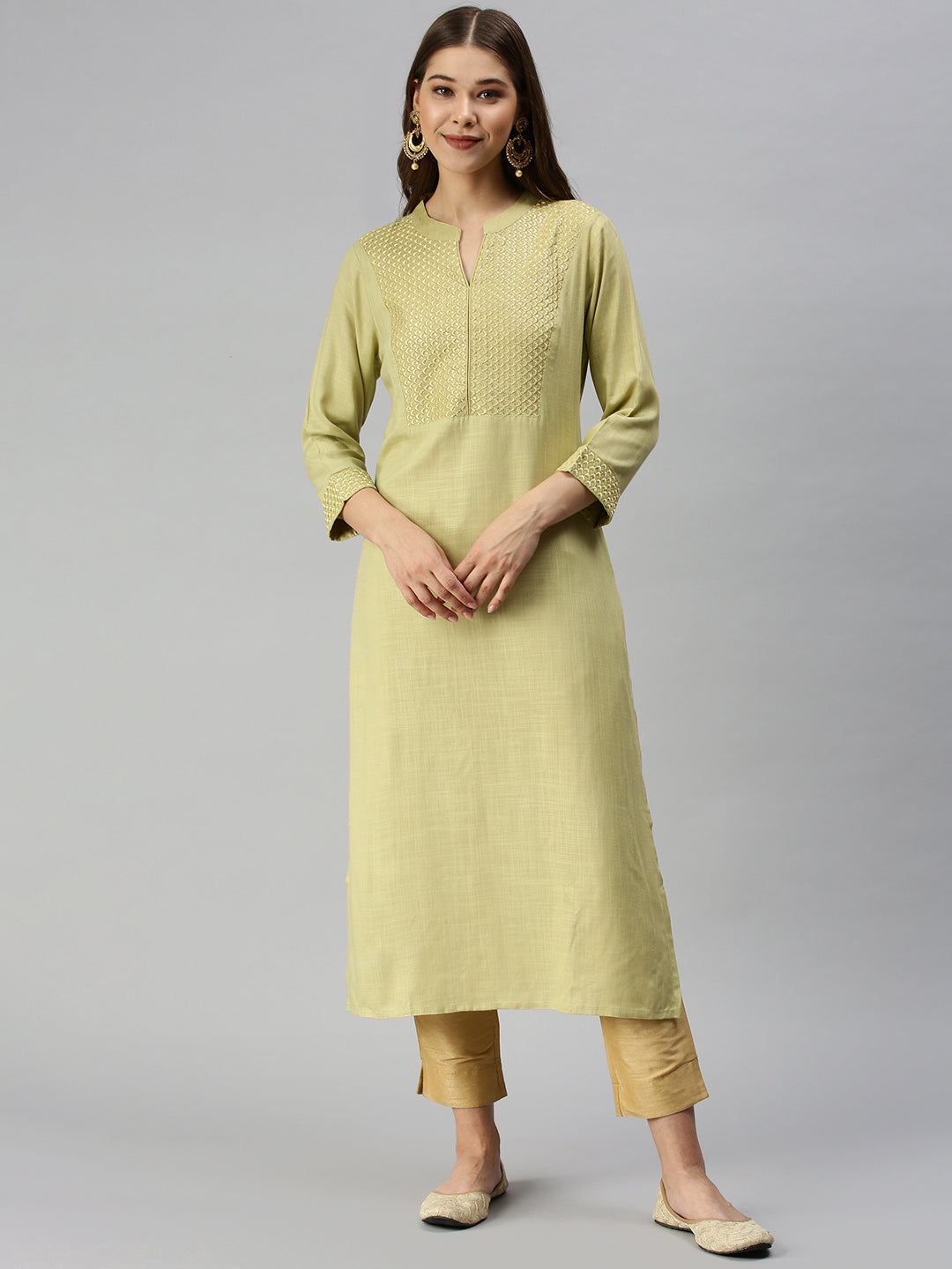 Women's Lime Green Solid Straight Kurta