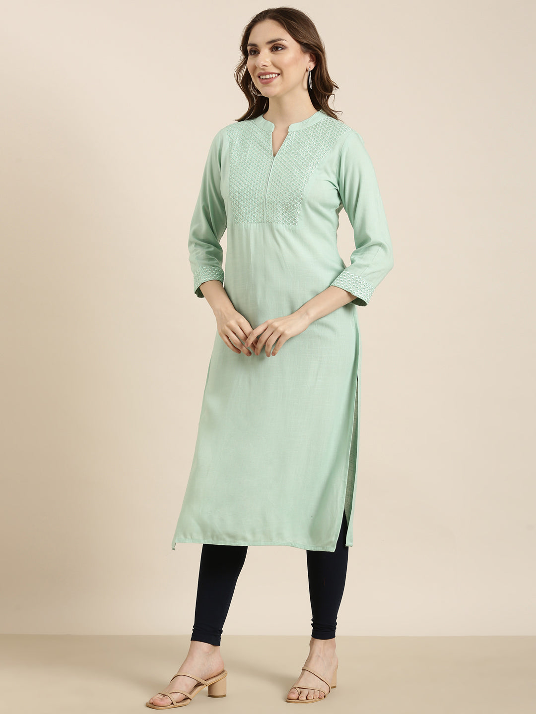 Women's Straight Sea Green Solid Kurta