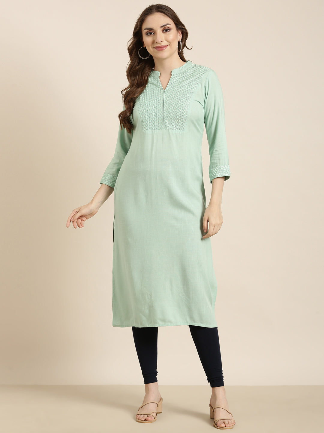 Women's Straight Sea Green Solid Kurta