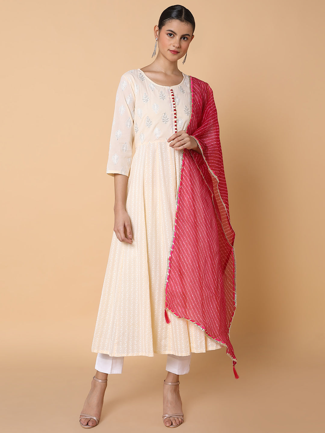 Women's Ethnic Motifs Cream Anarkali Kurta with Dupatta