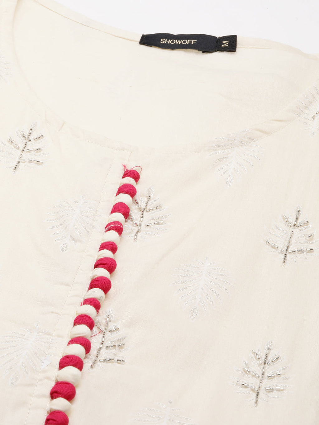 Women's Cream Floral Printed Beads Detail Anarkali Kurta