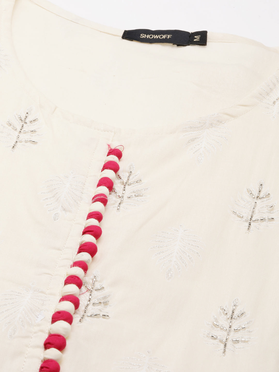 Women's Cream Floral Printed Beads Detail Anarkali Kurta