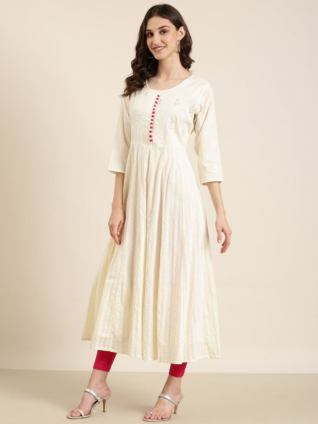 Women's Cream Floral Printed Beads Detail Anarkali Kurta