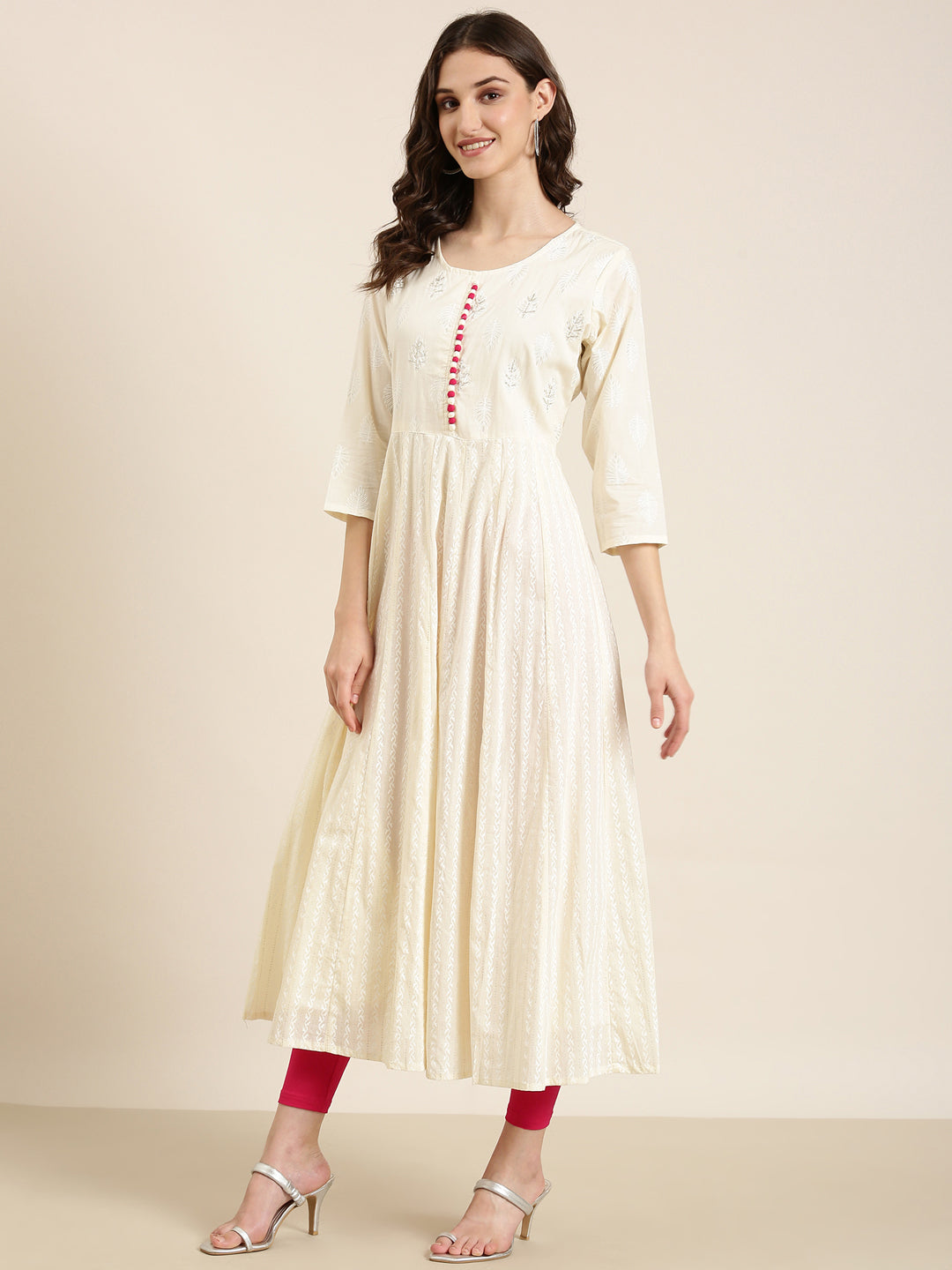 Women's Cream Floral Printed Beads Detail Anarkali Kurta
