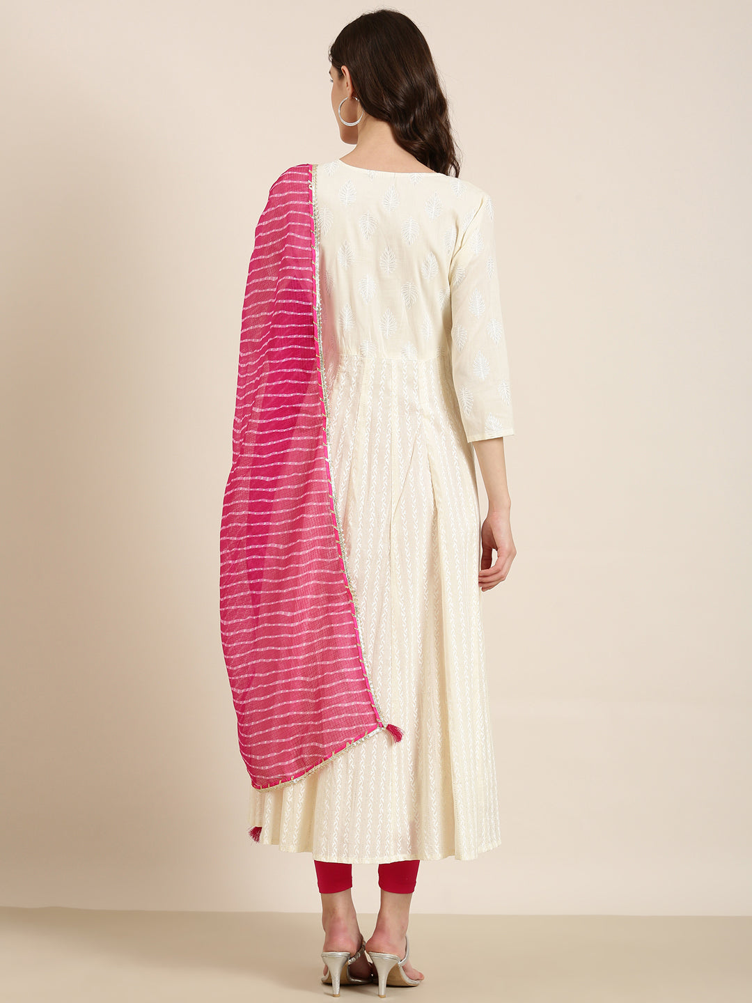 Women's Cream Floral Printed Beads Detail Anarkali Kurta