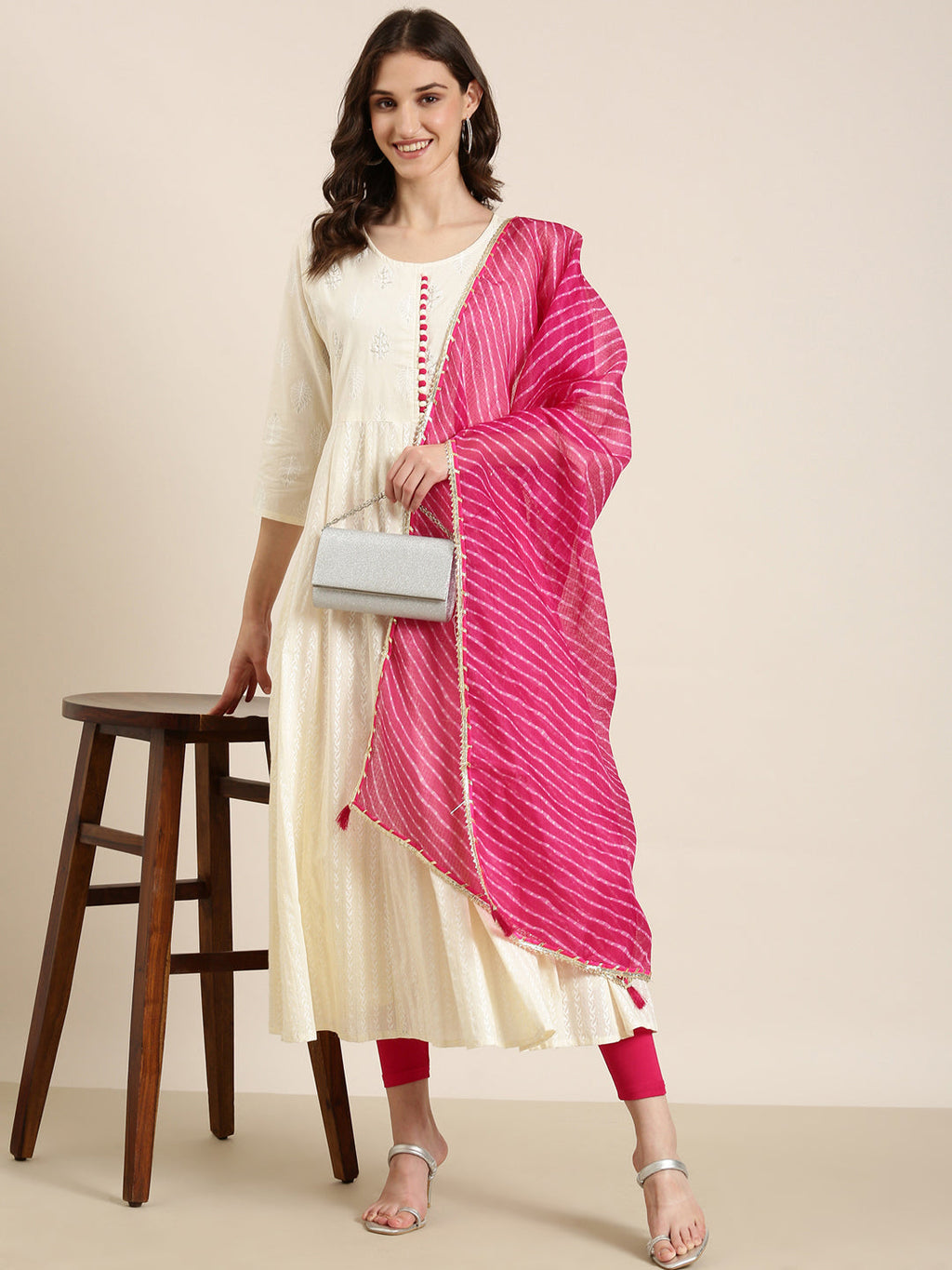 Women's Cream Floral Printed Beads Detail Anarkali Kurta