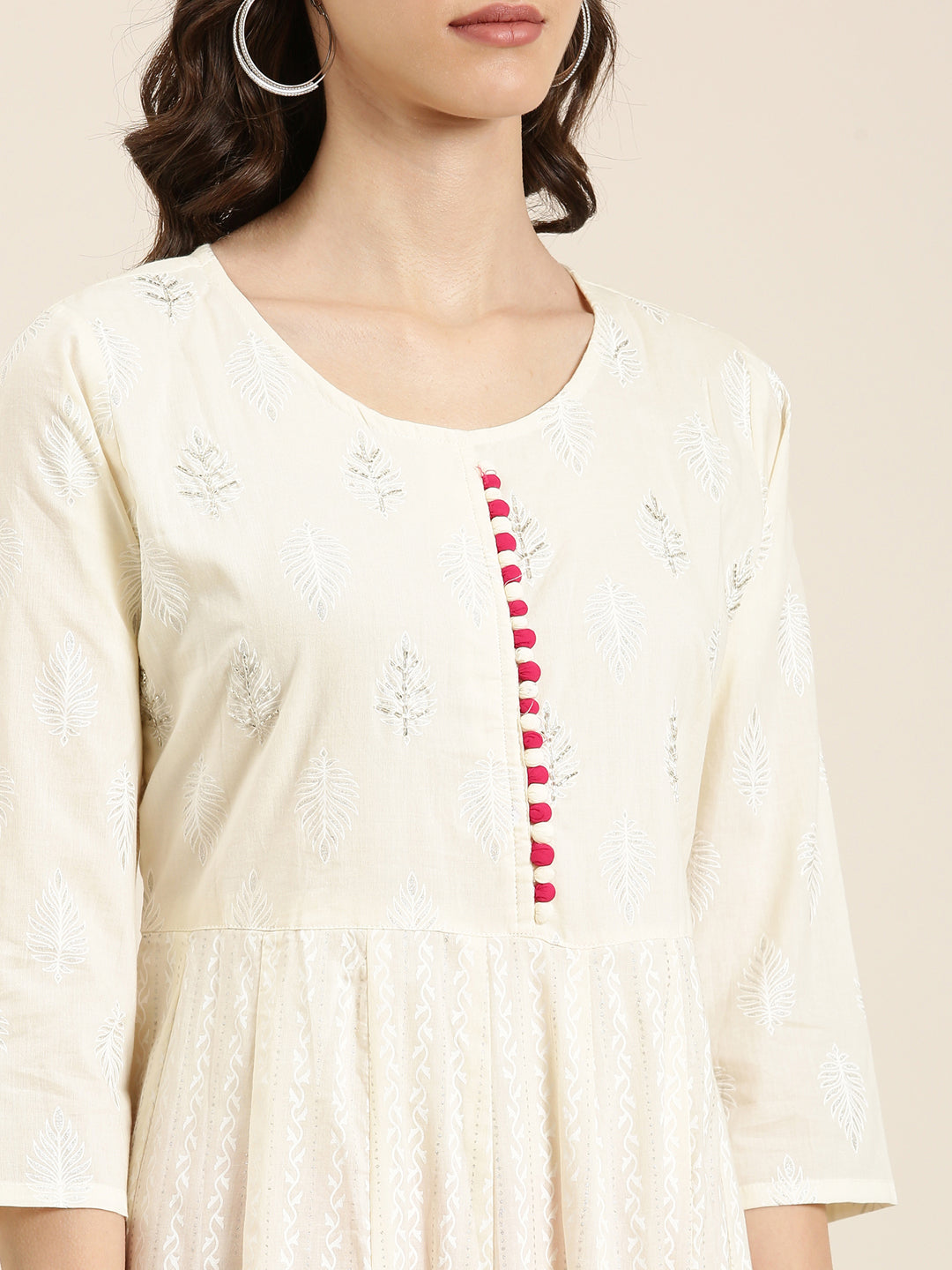Women's Cream Floral Printed Beads Detail Anarkali Kurta