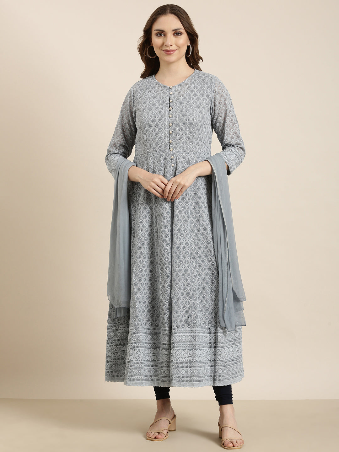 Women's Anarkali Grey Embellished Kurta Sets with Dupatta & Detachable Inner Lining