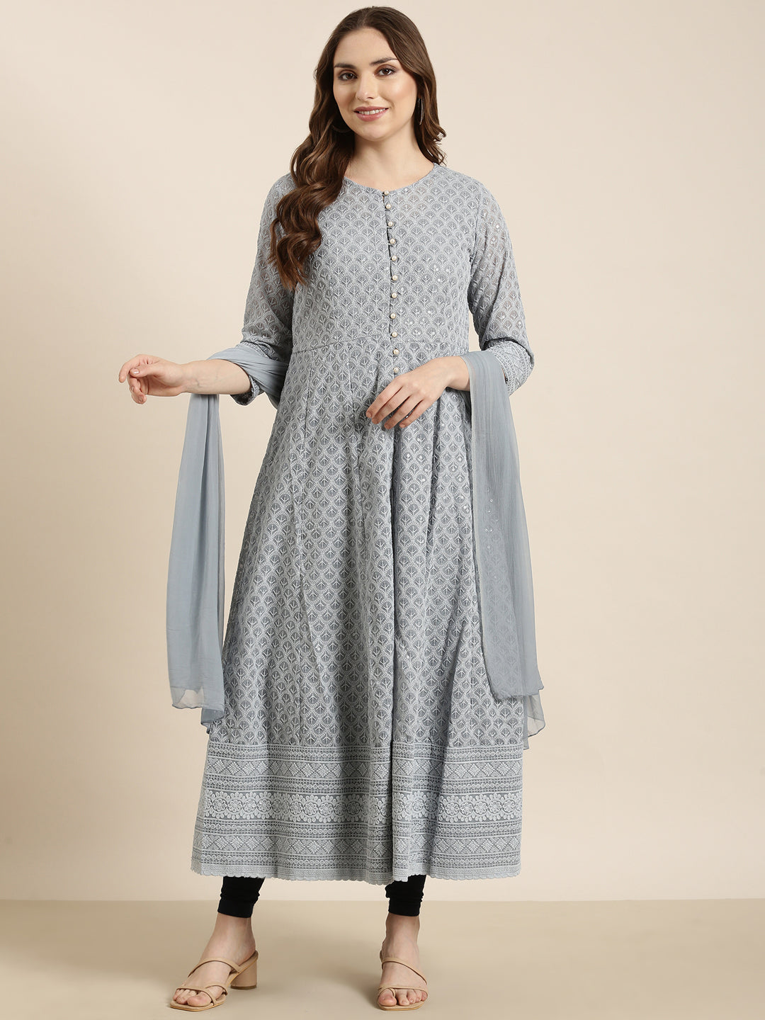 Women's Anarkali Grey Embellished Kurta Sets with Dupatta & Detachable Inner Lining