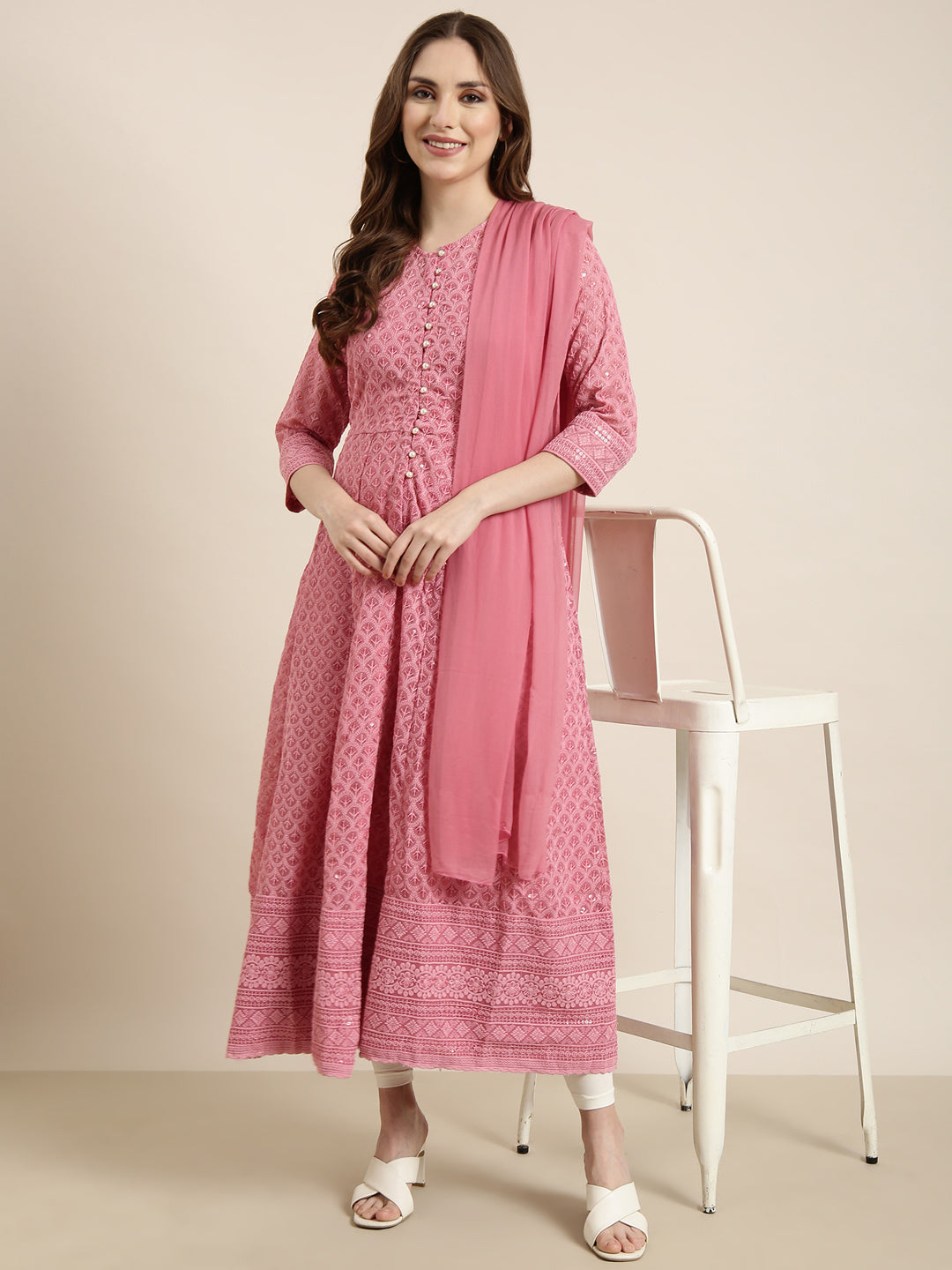 Women's Anarkali Pink Embellished Kurta Sets with Dupatta & Inner Lining