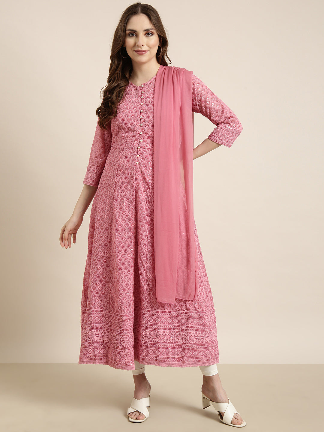 Women's Anarkali Pink Embellished Kurta Sets with Dupatta & Inner Lining