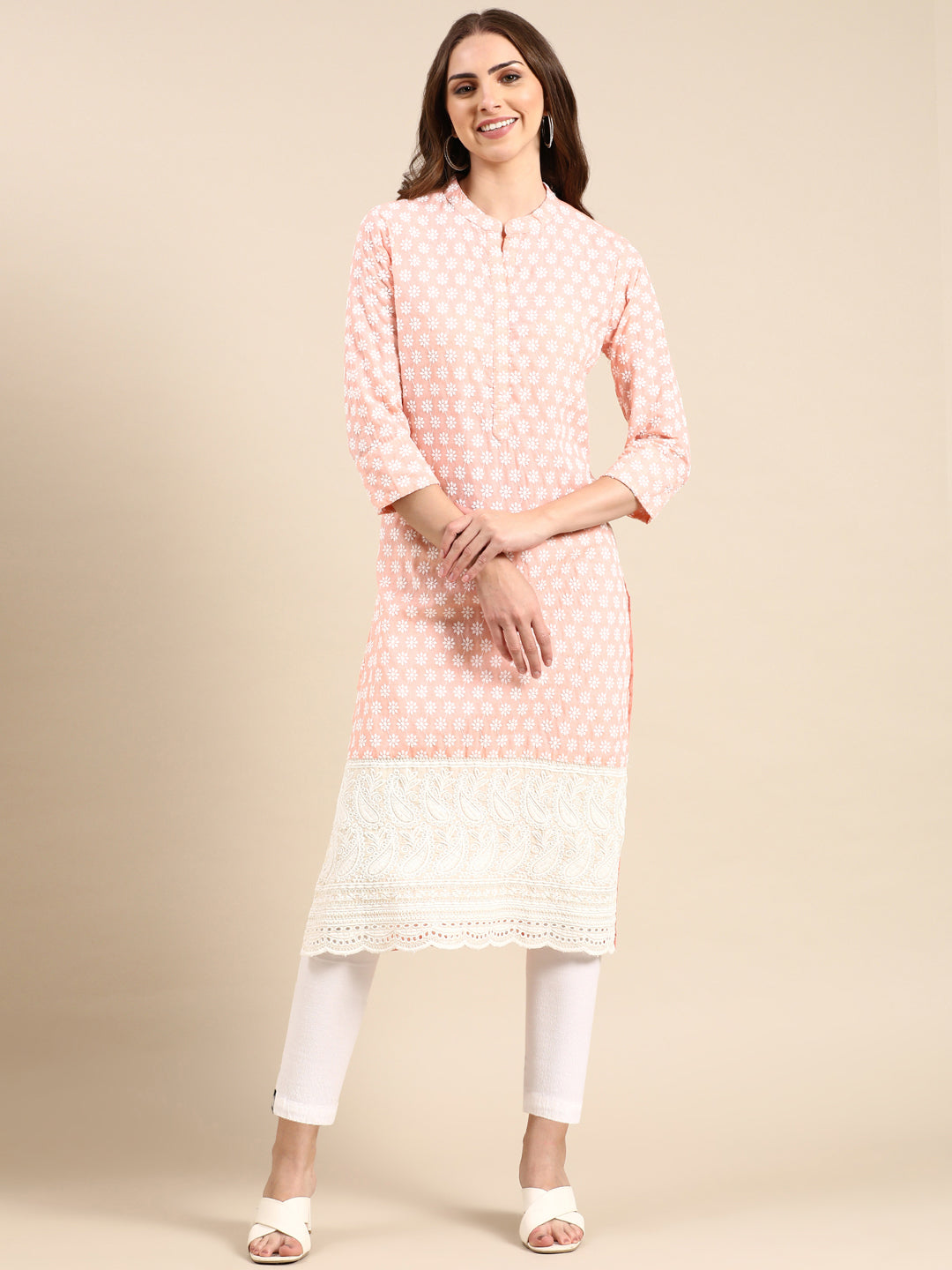 Women's Peach Floral Embroidered Pastels Straight Kurta